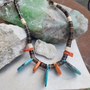 Kewa Santo Domingo Pueblo slab Shell Turquoise Necklace by Justin Concha native
